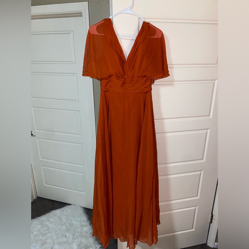 Orange Maxi Gown with Plunge Neckline and Flutter Sleeves for Wedding Guest